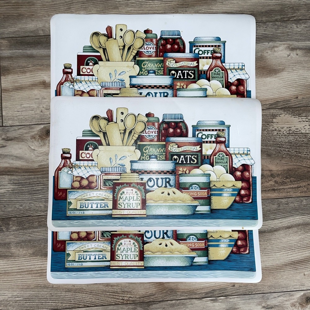 3 Vtg Franco Country Kitchen Pantry Vinyl Placemats Set 17x11 Farmhouse Retro